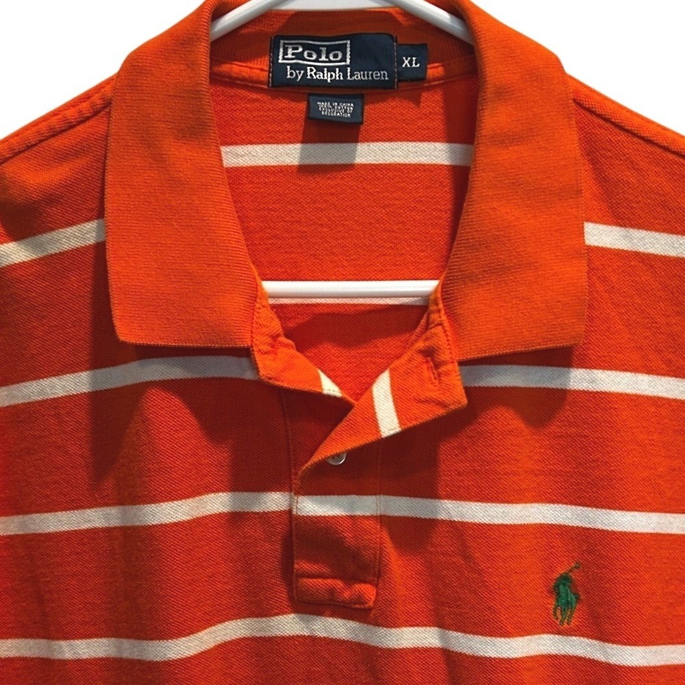 Polo Ralph Lauren Polo Shirt XL Mens Orange White Striped Short Sleeve Pique